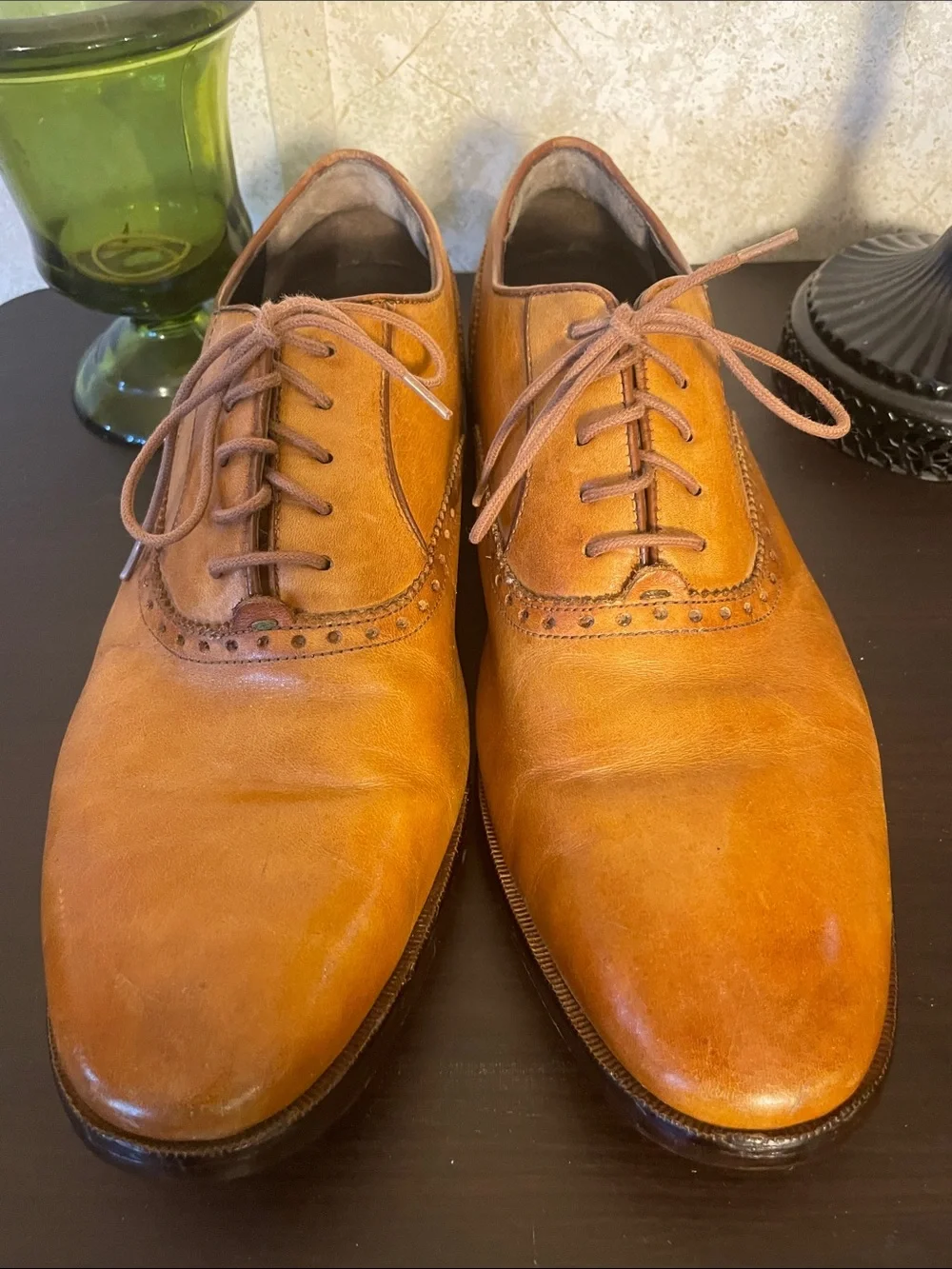 Cole Haan Men's Cognac Leather Derby Oxfords with Brogue Accents